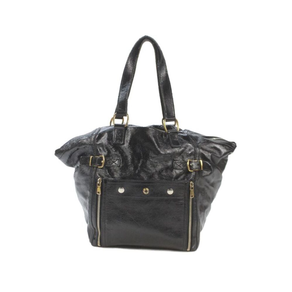 Yves Saint Laurent Womens Patent Leather Front Pocket Tote Handbag Black